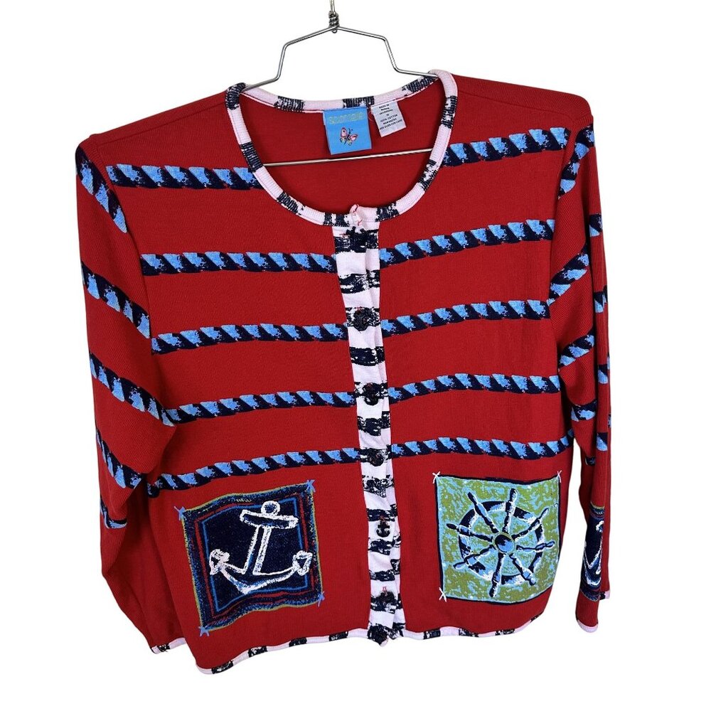 Womens Nautical Red Striped Cardigan Medium Sportelle Button Up Jacket Novelty